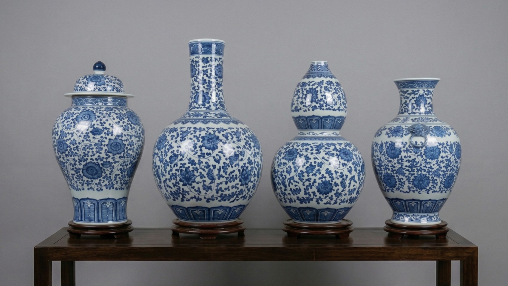 Blue and white ceramics on table