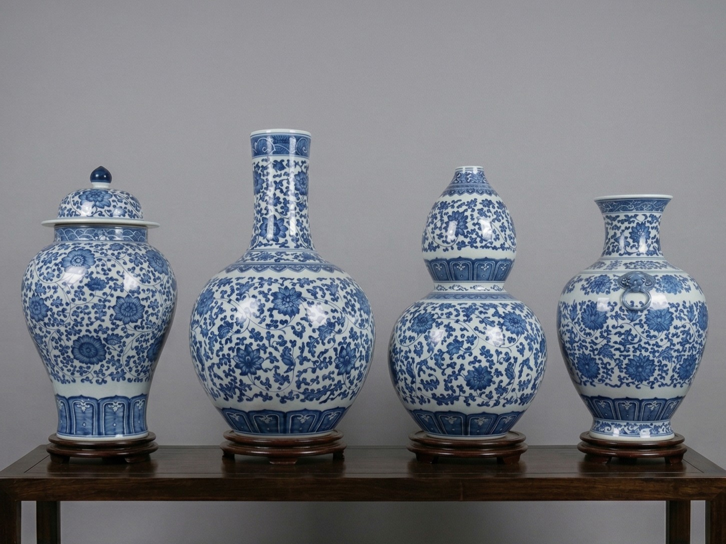 Blue and white ceramics on table